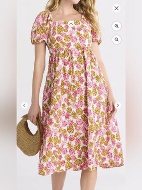 Time and Tru Pink & Mustard Pineapple Print Midi Dress